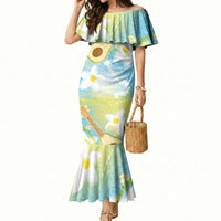 Hawaiian Ukulele Avocado Mermaid Dress Leis and Polynesian Pattern