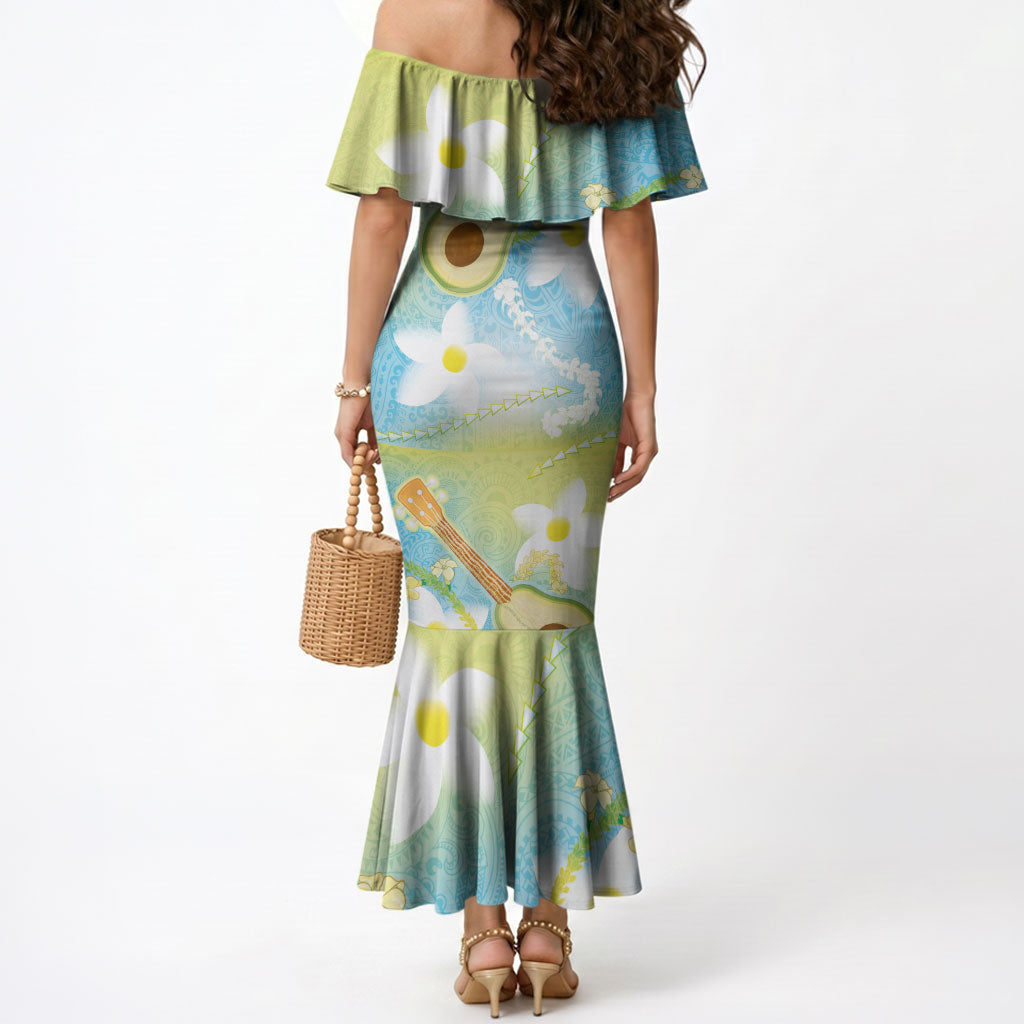 Hawaiian Ukulele Avocado Mermaid Dress Leis and Polynesian Pattern