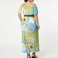 Hawaiian Ukulele Avocado Off Shoulder Maxi Dress Leis and Polynesian Pattern