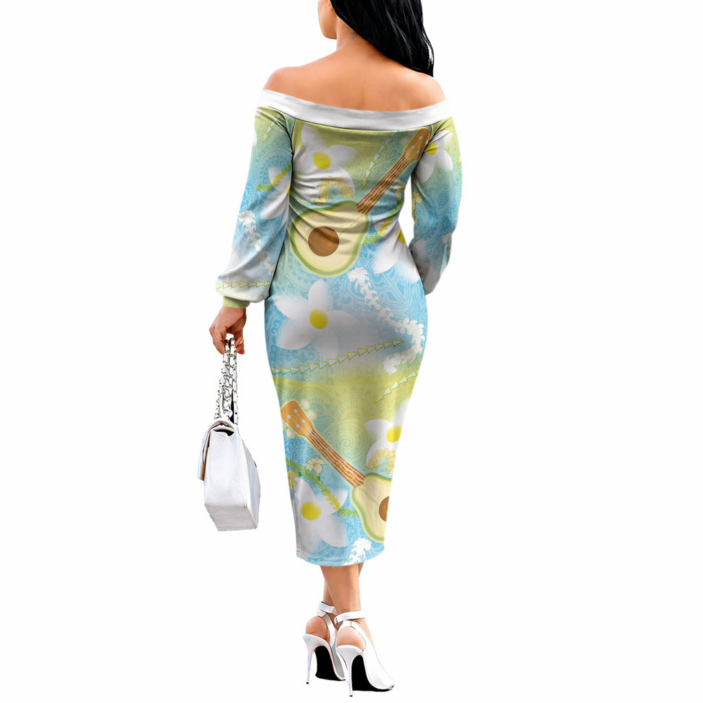 Hawaiian Ukulele Avocado Off The Shoulder Long Sleeve Dress Leis and Polynesian Pattern