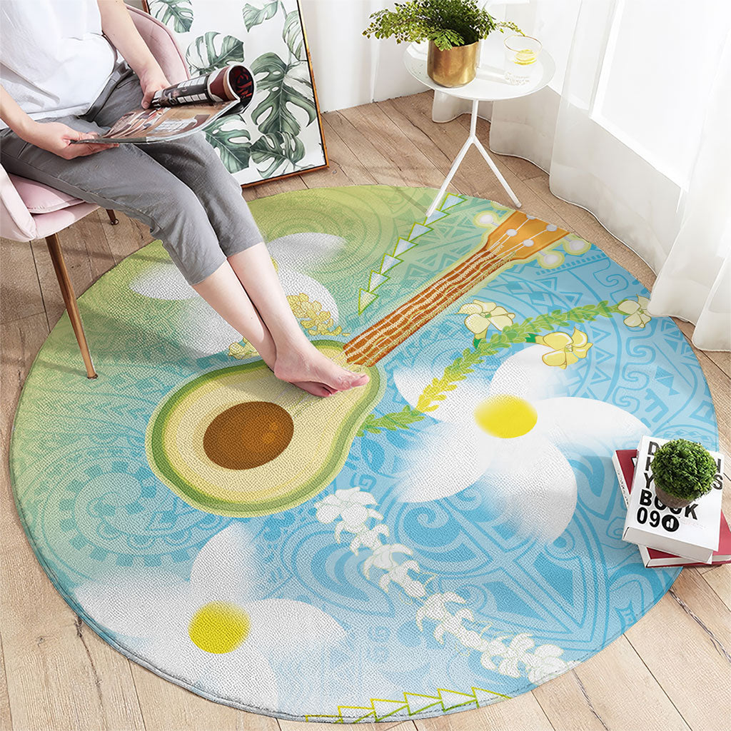 Hawaiian Ukulele Avocado Round Carpet Leis and Polynesian Pattern