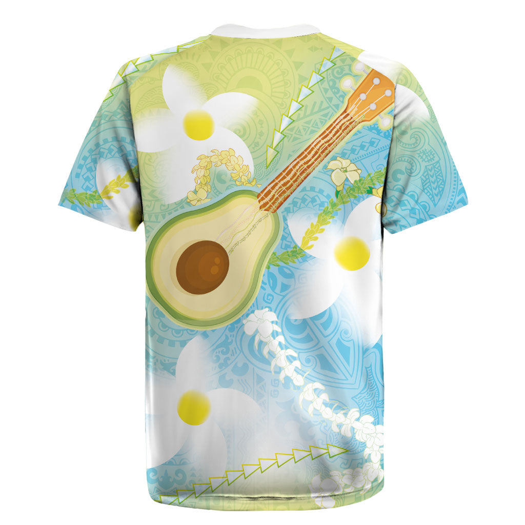 Hawaiian Ukulele Avocado Rugby Jersey Leis and Polynesian Pattern