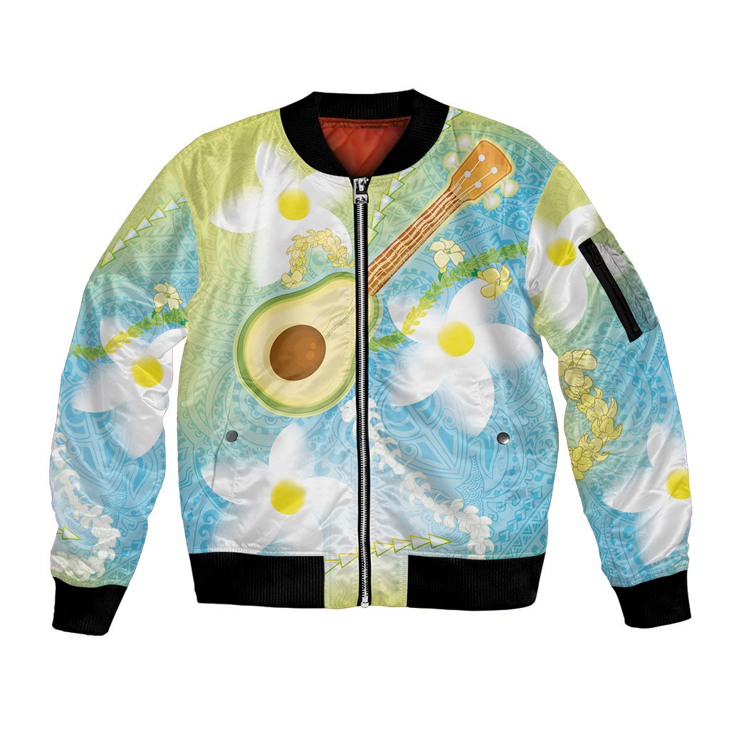 Hawaiian Ukulele Avocado Sleeve Zip Bomber Jacket Leis and Polynesian Pattern