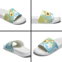 Hawaiian Ukulele Avocado Slide Sandals Leis and Polynesian Pattern