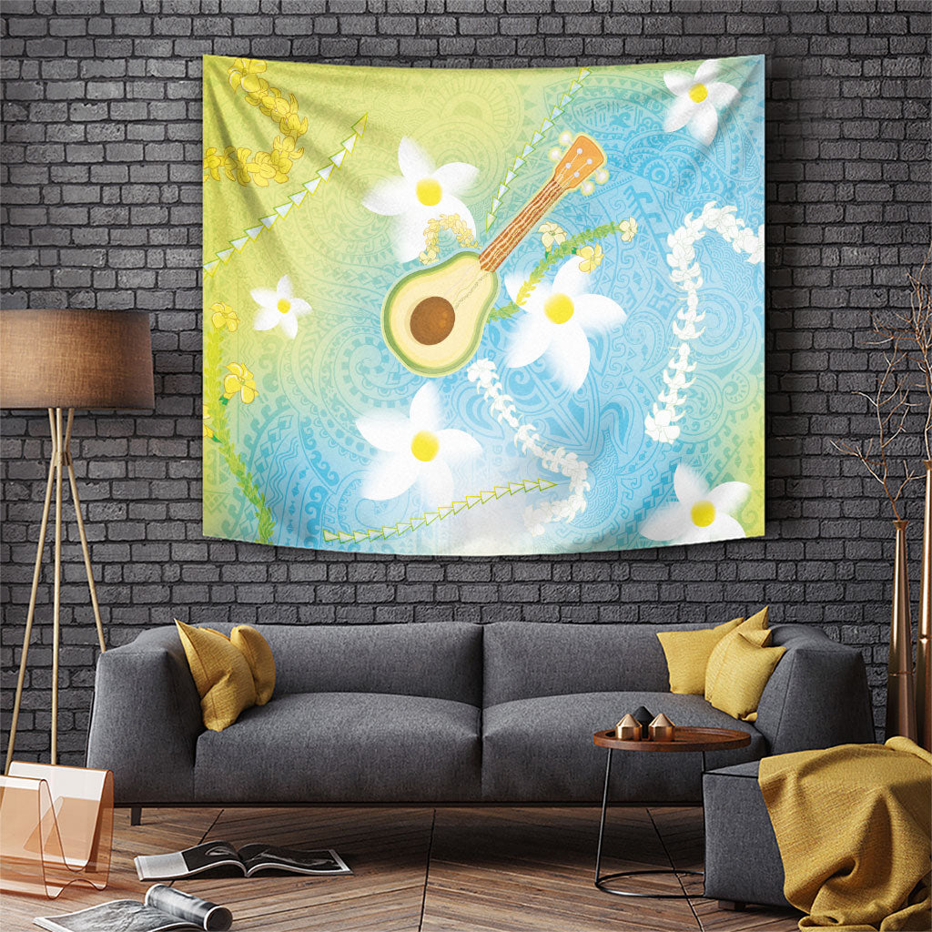 Hawaiian Ukulele Avocado Tapestry Leis and Polynesian Pattern LT03 White - Polynesian Pride