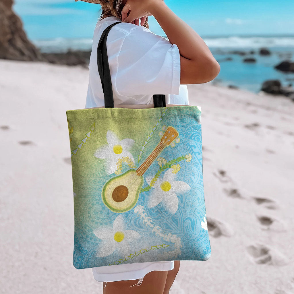 Hawaiian Ukulele Avocado Tote Bag Leis and Polynesian Pattern