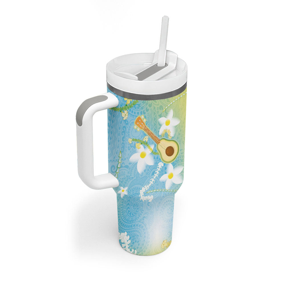Hawaiian Ukulele Avocado Tumbler With Handle Leis and Polynesian Pattern
