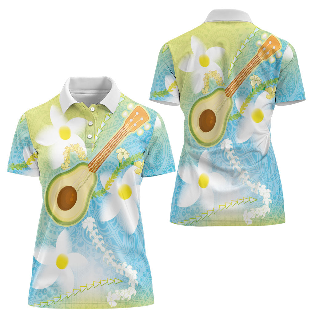 Hawaiian Ukulele Avocado Women Polo Shirt Leis and Polynesian Pattern