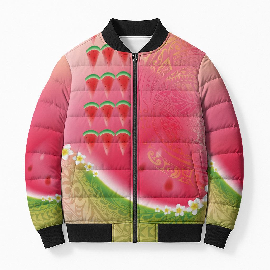 Hawaiian Watermelon Bomber Puffer Jacket with Kakau Art Tattoo