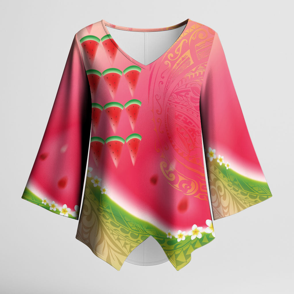 Hawaiian Watermelon Kimono Sleeve Blouse with Kakau Art Tattoo