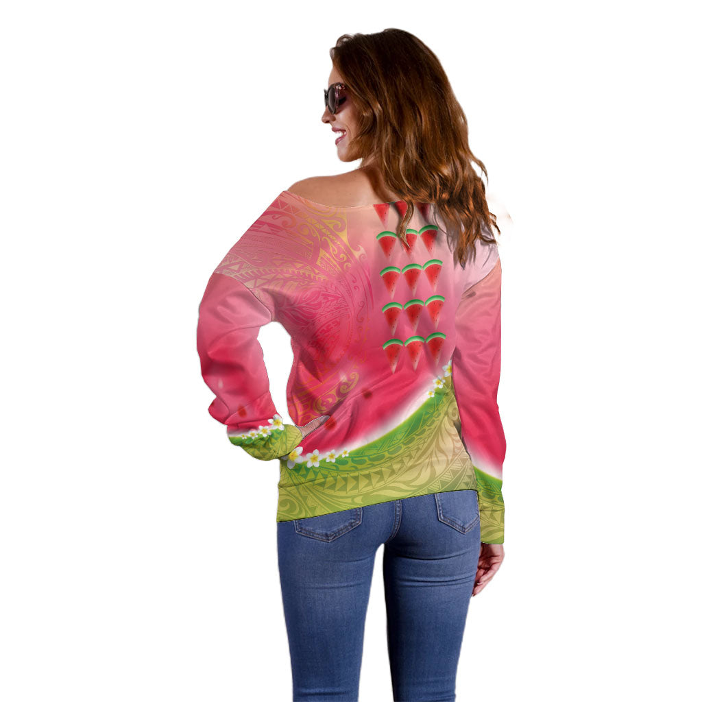 Hawaiian Watermelon Off Shoulder Sweater with Kakau Art Tattoo