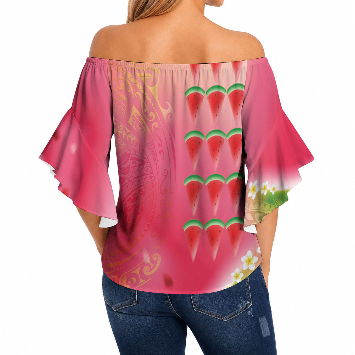 Hawaiian Watermelon Off Shoulder Wrap Waist Top with Kakau Art Tattoo LT03 - Polynesian Pride