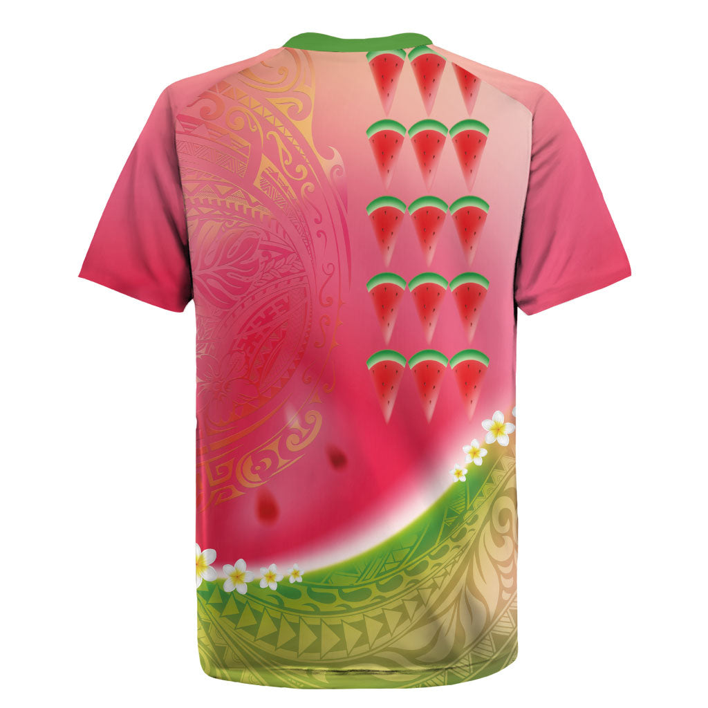 Hawaiian Watermelon Rugby Jersey with Kakau Art Tattoo