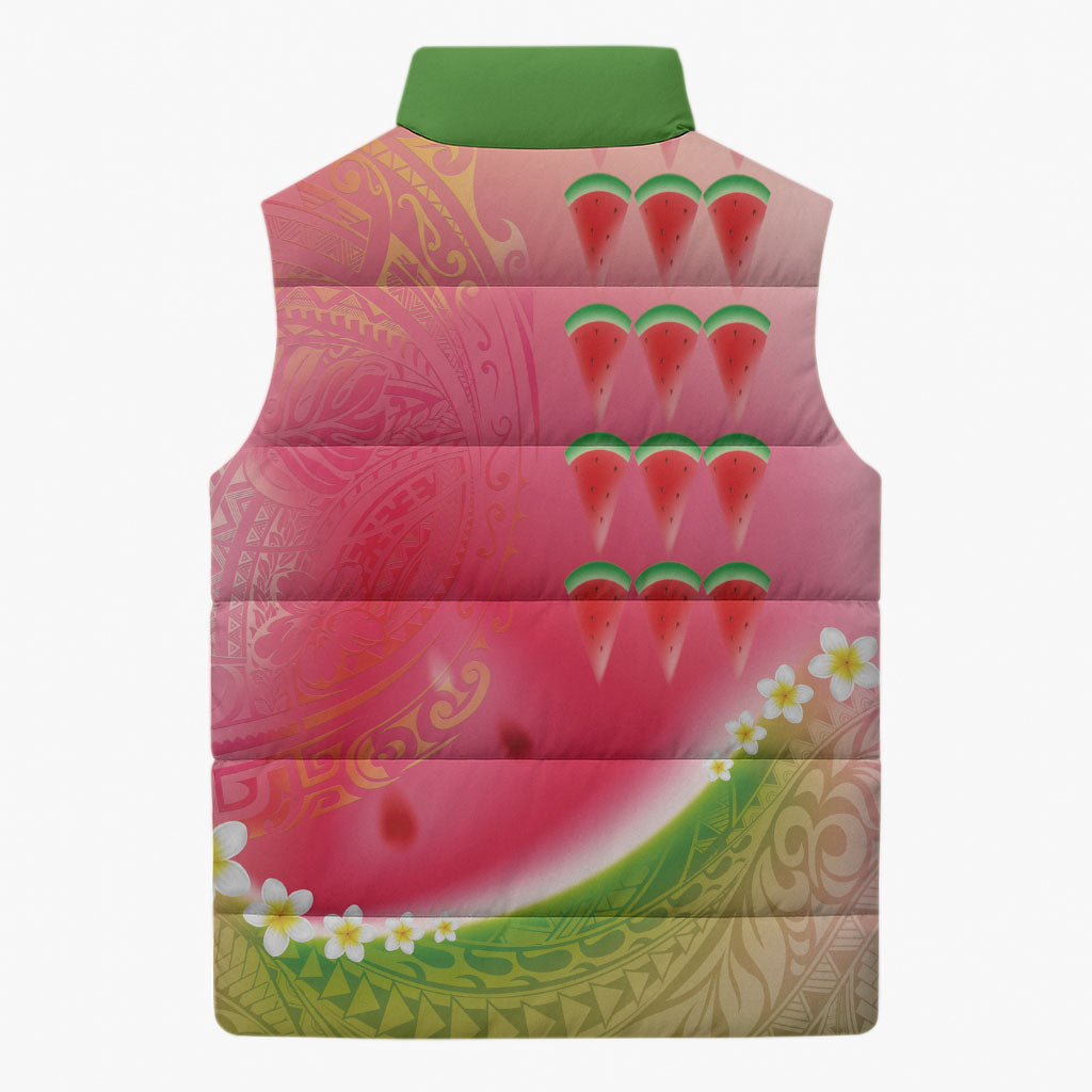 Hawaiian Watermelon Sleeveless Puffer Jacket with Kakau Art Tattoo