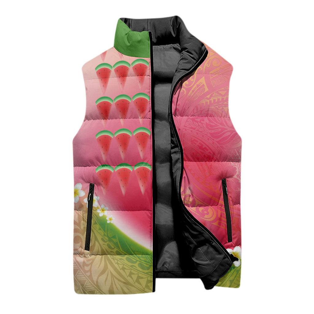 Hawaiian Watermelon Sleeveless Puffer Jacket with Kakau Art Tattoo