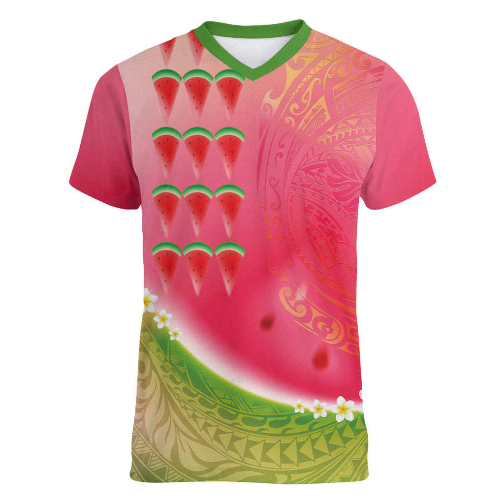 Hawaiian Watermelon Women V-Neck T-Shirt with Kakau Art Tattoo