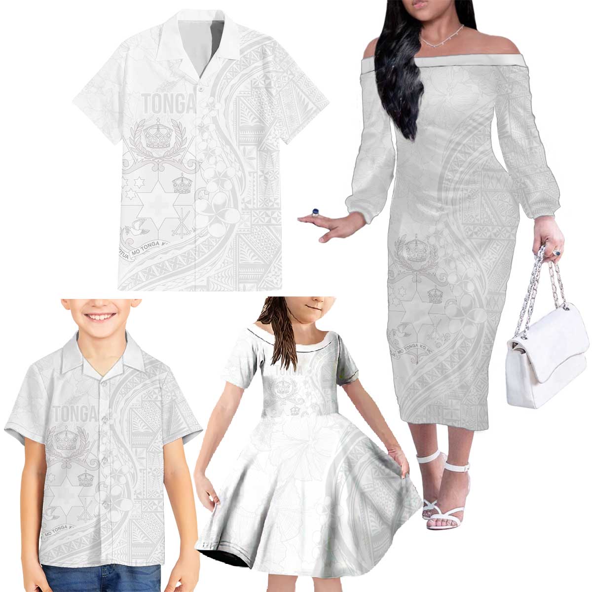 Tonga Faka Sepitema Family Matching Off The Shoulder Long Sleeve Dress and Hawaiian Shirt Ngatu Pattern with Plumeria and Hibiscus LT03 - Polynesian Pride