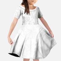 Tonga Faka Sepitema Family Matching Off Shoulder Maxi Dress and Hawaiian Shirt Ngatu Pattern with Plumeria and Hibiscus LT03 Daughter's Dress White - Polynesian Pride