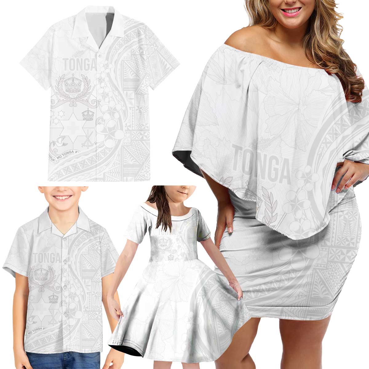 Tonga Faka Sepitema Family Matching Off Shoulder Short Dress and Hawaiian Shirt Ngatu Pattern with Plumeria and Hibiscus