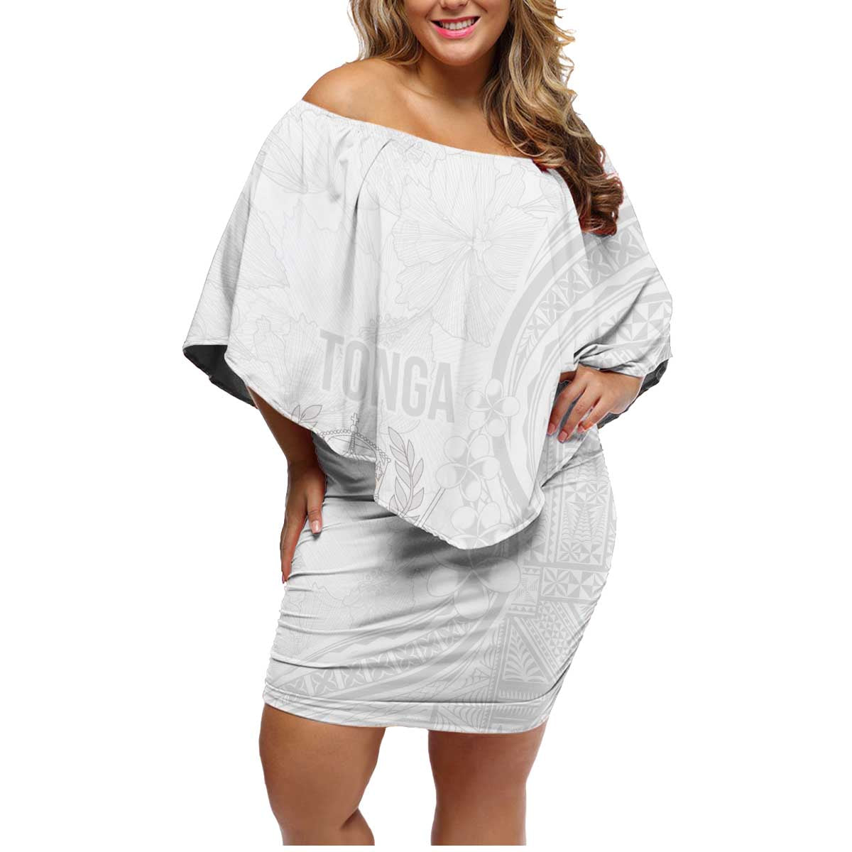 Tonga Faka Sepitema Family Matching Off Shoulder Short Dress and Hawaiian Shirt Ngatu Pattern with Plumeria and Hibiscus LT03 Mom's Dress White - Polynesian Pride
