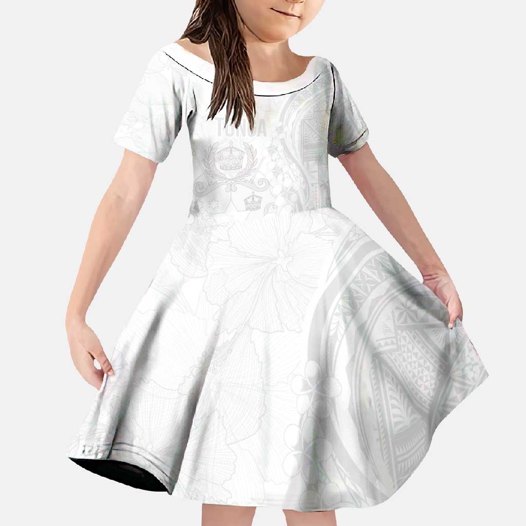 Tonga Faka Sepitema Family Matching Short Sleeve Bodycon Dress and Hawaiian Shirt Ngatu Pattern with Plumeria and Hibiscus LT03 Daughter's Dress White - Polynesian Pride