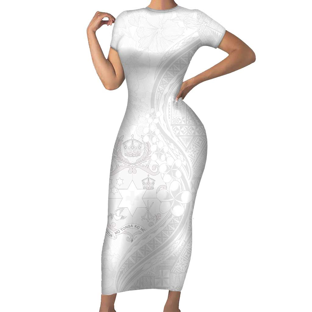 Tonga Faka Sepitema Family Matching Short Sleeve Bodycon Dress and Hawaiian Shirt Ngatu Pattern with Plumeria and Hibiscus LT03 Mom's Dress White - Polynesian Pride