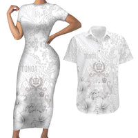 Tonga Faka Sepitema Couples Matching Short Sleeve Bodycon Dress and Hawaiian Shirt Ngatu and Floral Pattern with Blooming Hibiscus LT03 White - Polynesian Pride
