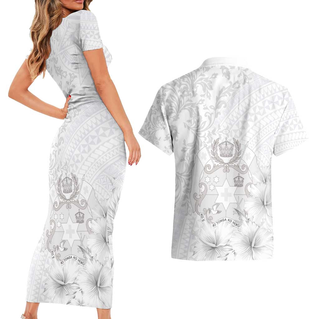 Tonga Faka Sepitema Couples Matching Short Sleeve Bodycon Dress and Hawaiian Shirt Ngatu and Floral Pattern with Blooming Hibiscus LT03 - Polynesian Pride