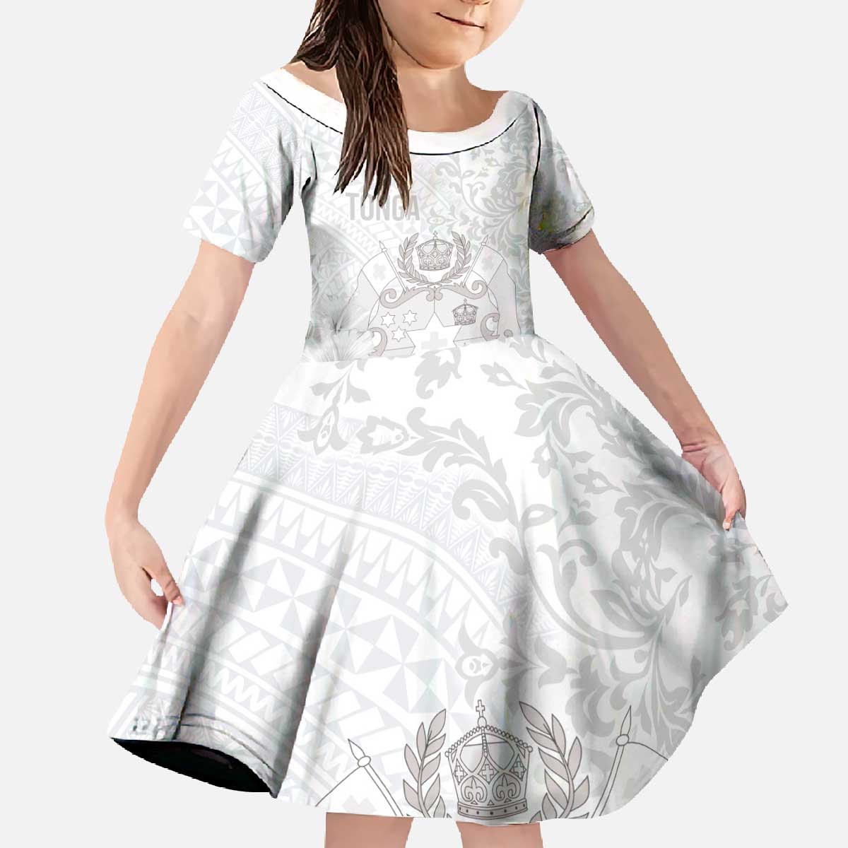 Tonga Faka Sepitema Family Matching Off The Shoulder Long Sleeve Dress and Hawaiian Shirt Ngatu and Floral Pattern with Blooming Hibiscus LT03 Daughter's Dress White - Polynesian Pride
