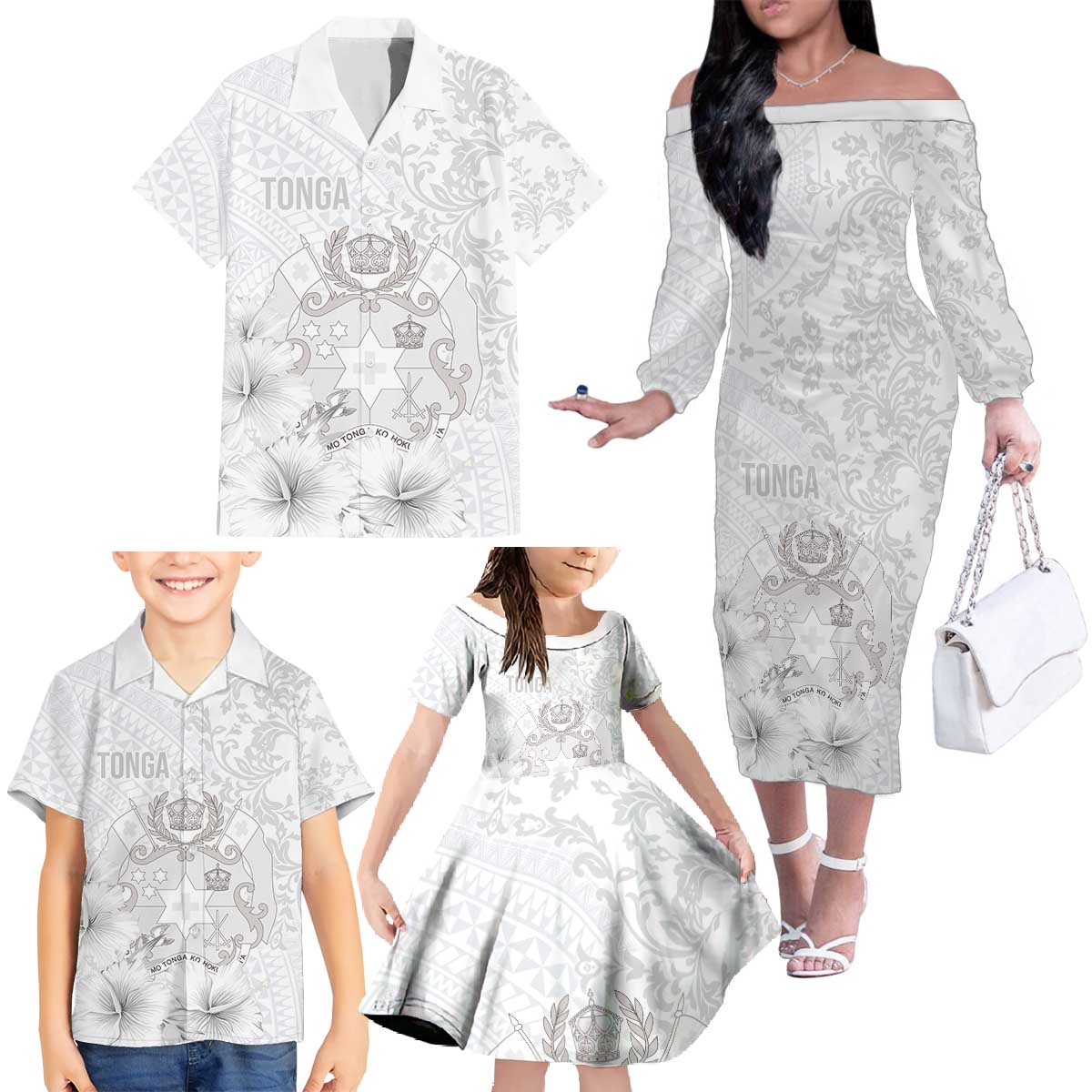 Tonga Faka Sepitema Family Matching Off The Shoulder Long Sleeve Dress and Hawaiian Shirt Ngatu and Floral Pattern with Blooming Hibiscus LT03 - Polynesian Pride