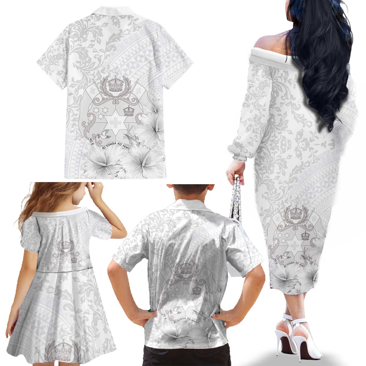 Tonga Faka Sepitema Family Matching Off The Shoulder Long Sleeve Dress and Hawaiian Shirt Ngatu and Floral Pattern with Blooming Hibiscus LT03 - Polynesian Pride
