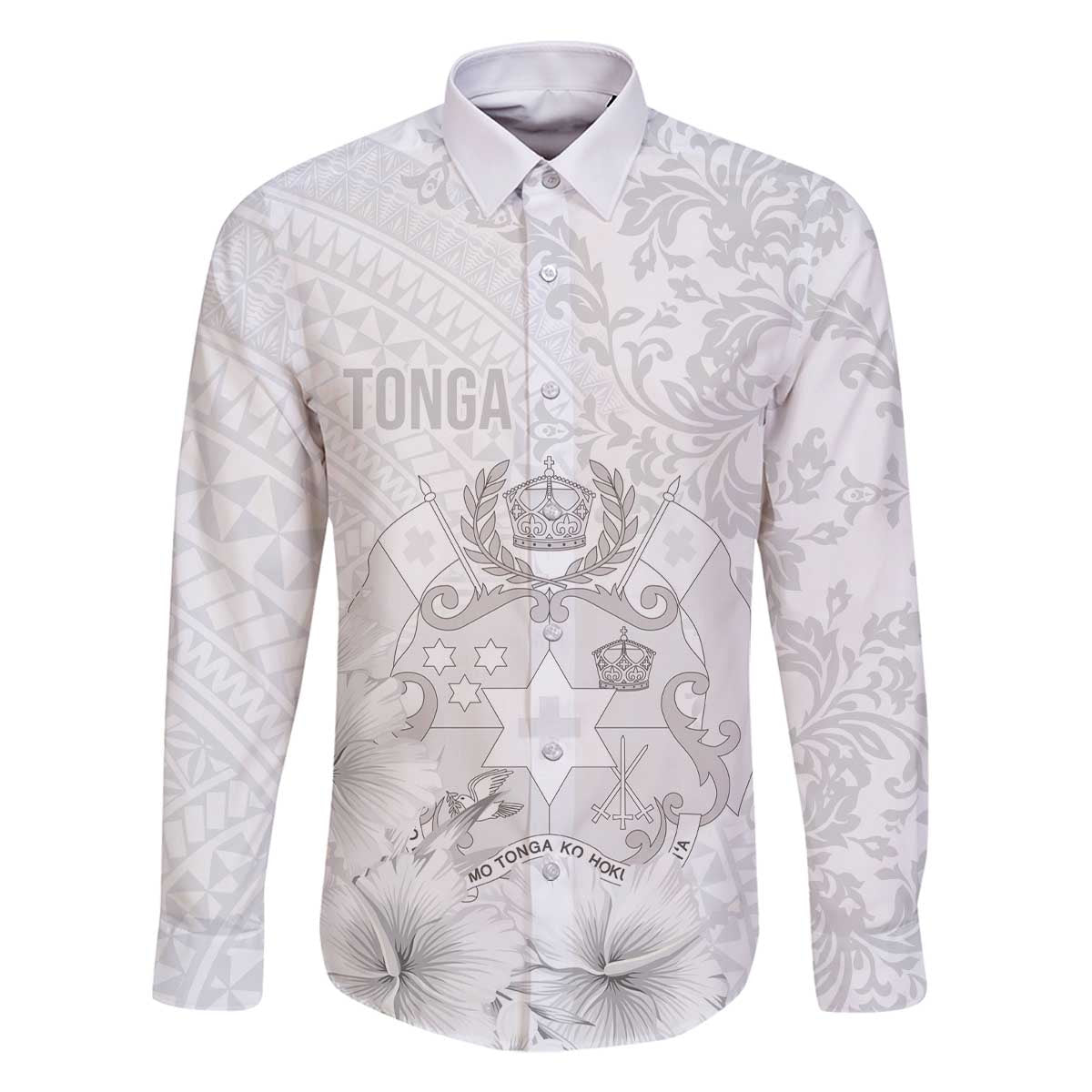Tonga Faka Sepitema Family Matching Off The Shoulder Long Sleeve Dress and Hawaiian Shirt Ngatu and Floral Pattern with Blooming Hibiscus LT03 Dad's Shirt - Long Sleeve White - Polynesian Pride