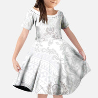 Tonga Faka Sepitema Family Matching Off Shoulder Maxi Dress and Hawaiian Shirt Ngatu and Floral Pattern with Blooming Hibiscus LT03 Daughter's Dress White - Polynesian Pride