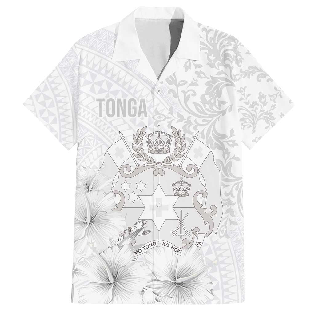 Tonga Faka Sepitema Family Matching Off Shoulder Maxi Dress and Hawaiian Shirt Ngatu and Floral Pattern with Blooming Hibiscus LT03 Dad's Shirt - Short Sleeve White - Polynesian Pride