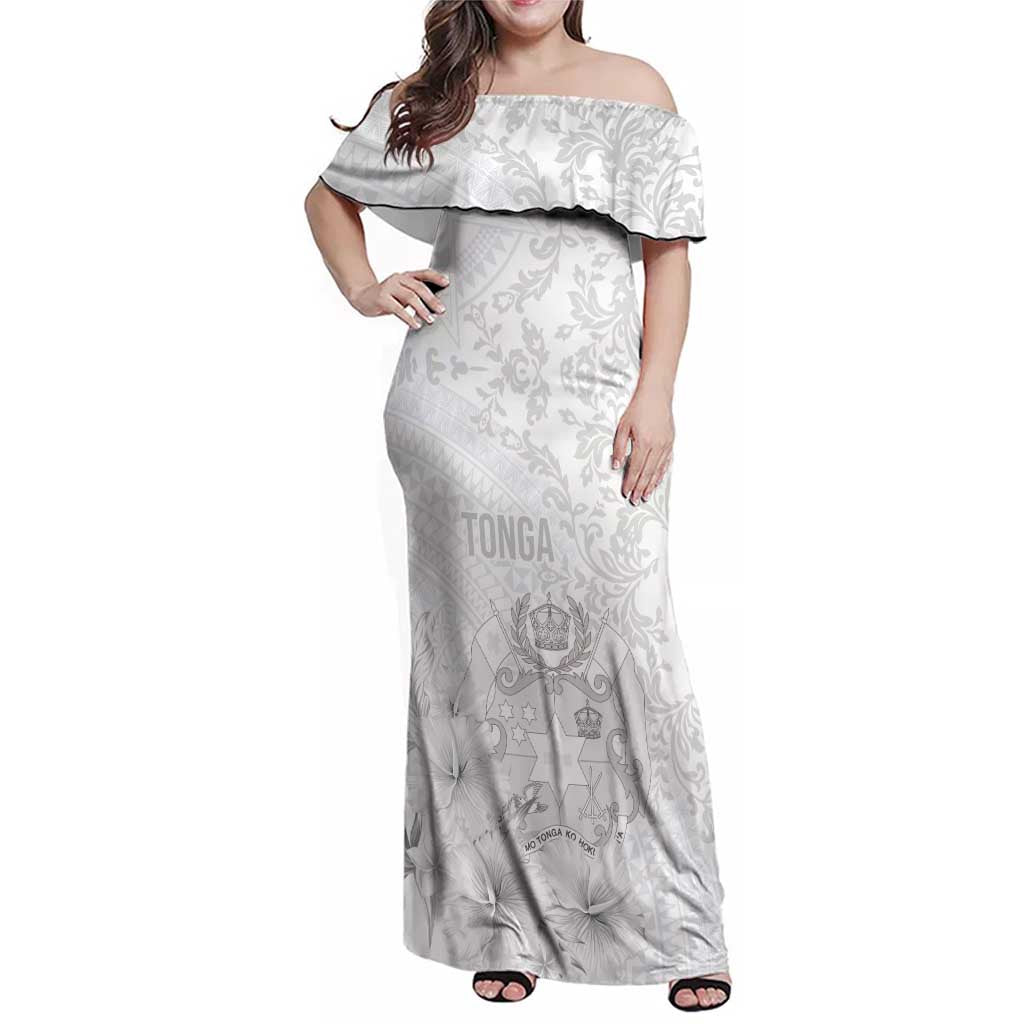 Tonga Faka Sepitema Family Matching Off Shoulder Maxi Dress and Hawaiian Shirt Ngatu and Floral Pattern with Blooming Hibiscus LT03 Mom's Dress White - Polynesian Pride