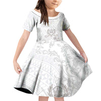 Tonga Faka Sepitema Family Matching Off Shoulder Short Dress and Hawaiian Shirt Ngatu and Floral Pattern with Blooming Hibiscus LT03 Daughter's Dress White - Polynesian Pride