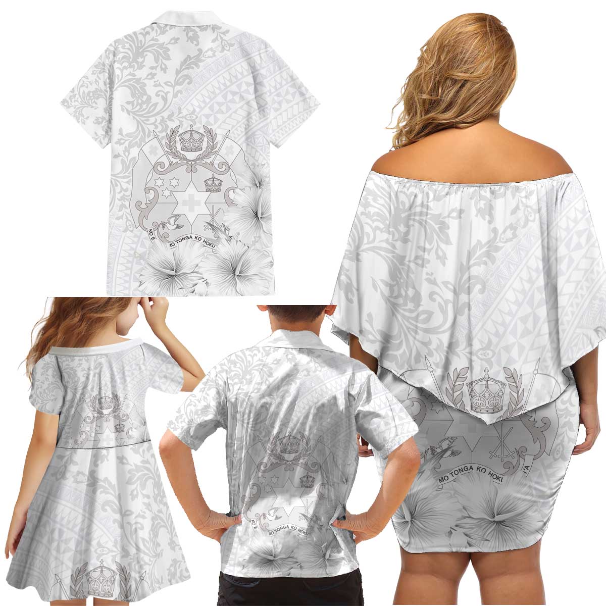 Tonga Faka Sepitema Family Matching Off Shoulder Short Dress and Hawaiian Shirt Ngatu and Floral Pattern with Blooming Hibiscus LT03 - Polynesian Pride