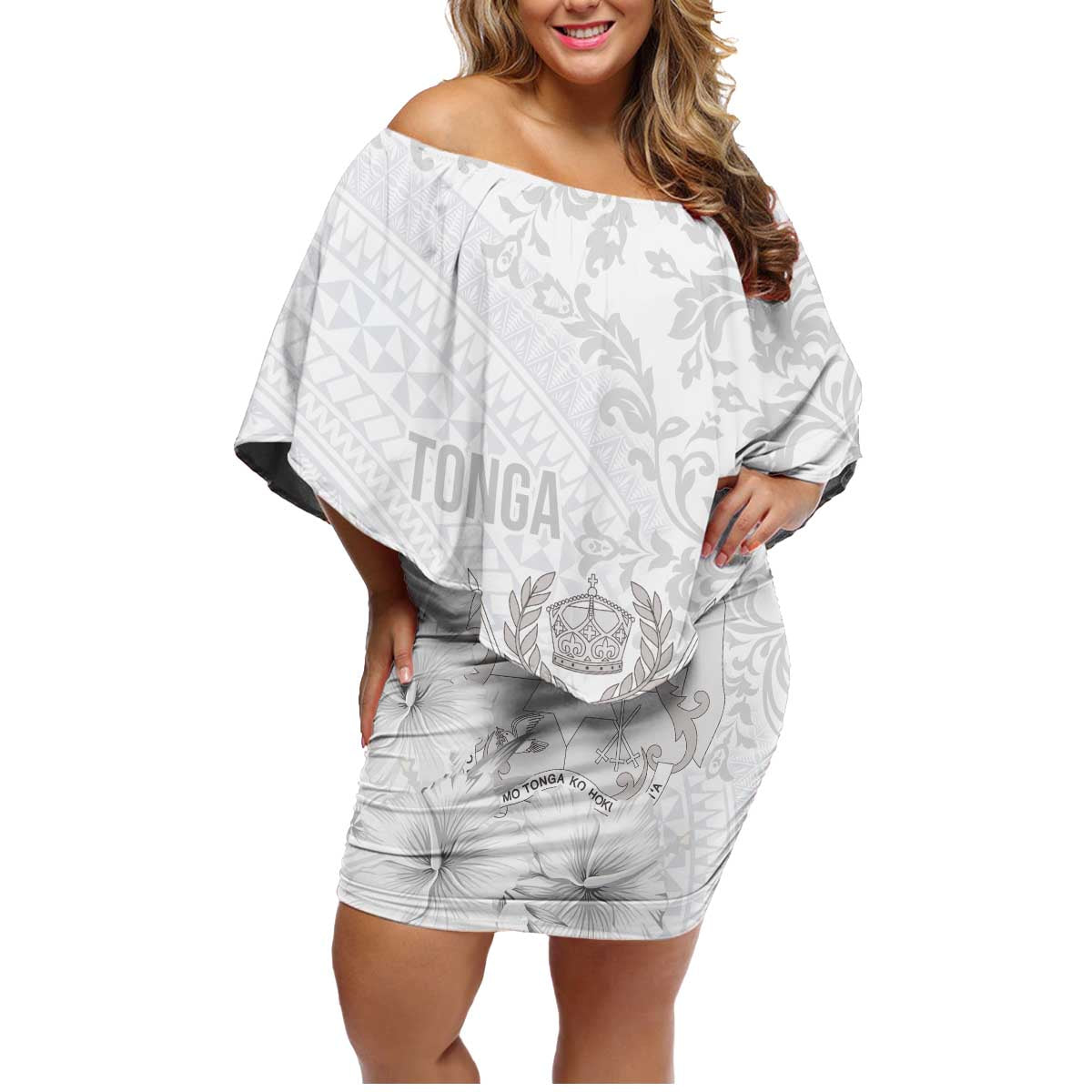 Tonga Faka Sepitema Family Matching Off Shoulder Short Dress and Hawaiian Shirt Ngatu and Floral Pattern with Blooming Hibiscus LT03 Mom's Dress White - Polynesian Pride