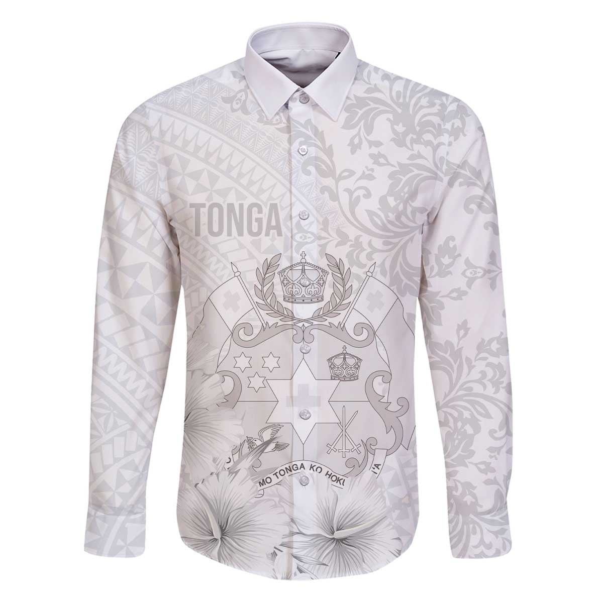 Tonga Faka Sepitema Family Matching Puletasi and Hawaiian Shirt Ngatu and Floral Pattern with Blooming Hibiscus LT03 Dad's Shirt - Long Sleeve White - Polynesian Pride