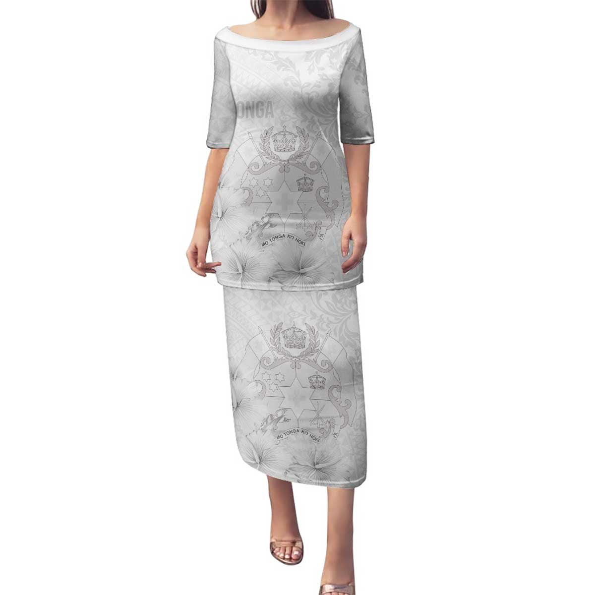 Tonga Faka Sepitema Family Matching Puletasi and Hawaiian Shirt Ngatu and Floral Pattern with Blooming Hibiscus LT03 Mom's Dress White - Polynesian Pride