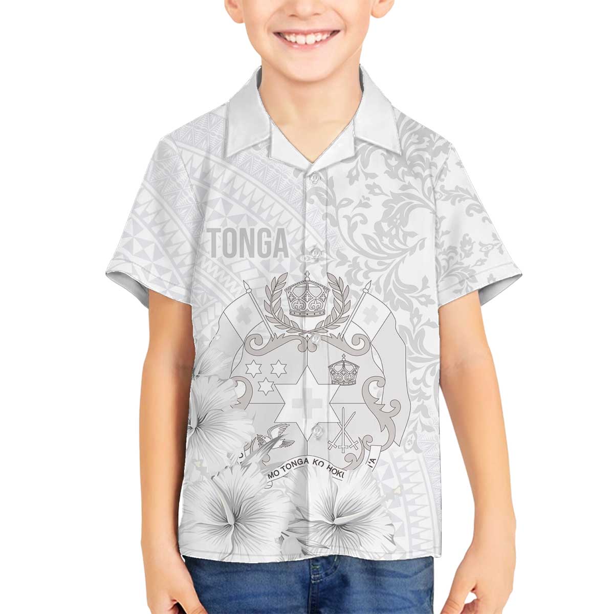Tonga Faka Sepitema Family Matching Puletasi and Hawaiian Shirt Ngatu and Floral Pattern with Blooming Hibiscus LT03 Son's Shirt White - Polynesian Pride