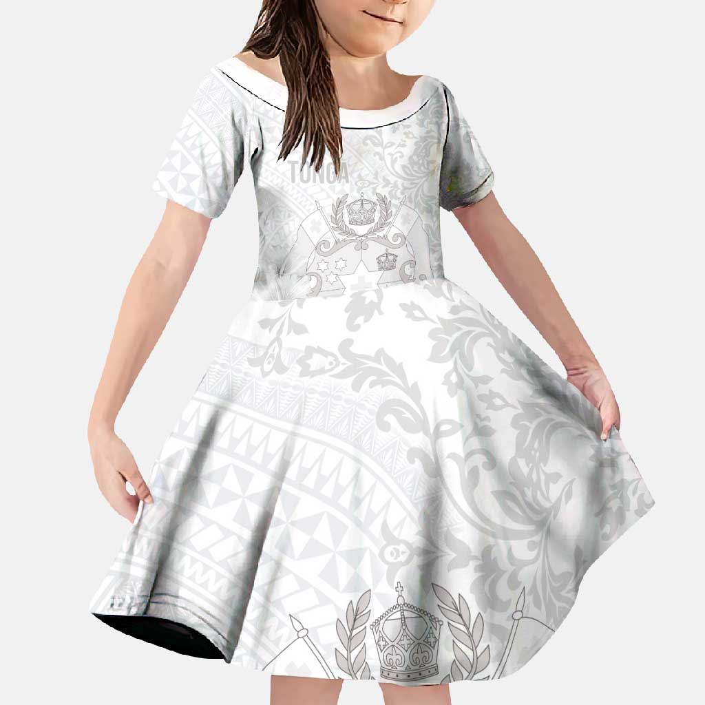 Tonga Faka Sepitema Family Matching Short Sleeve Bodycon Dress and Hawaiian Shirt Ngatu and Floral Pattern with Blooming Hibiscus LT03 Daughter's Dress White - Polynesian Pride