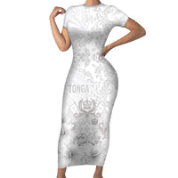 Tonga Faka Sepitema Family Matching Short Sleeve Bodycon Dress and Hawaiian Shirt Ngatu and Floral Pattern with Blooming Hibiscus LT03 Mom's Dress White - Polynesian Pride