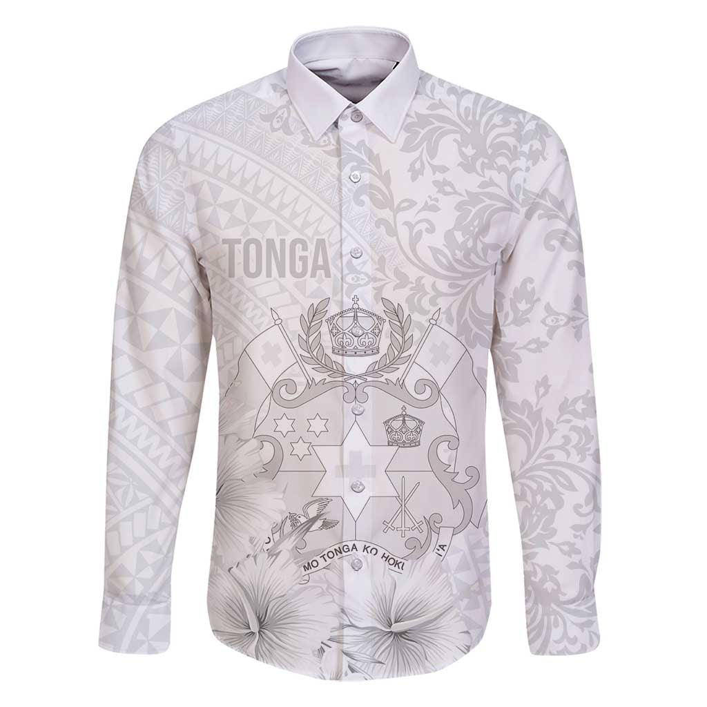 Tonga Faka Sepitema Family Matching Tank Maxi Dress and Hawaiian Shirt Ngatu and Floral Pattern with Blooming Hibiscus LT03 Dad's Shirt - Long Sleeve White - Polynesian Pride