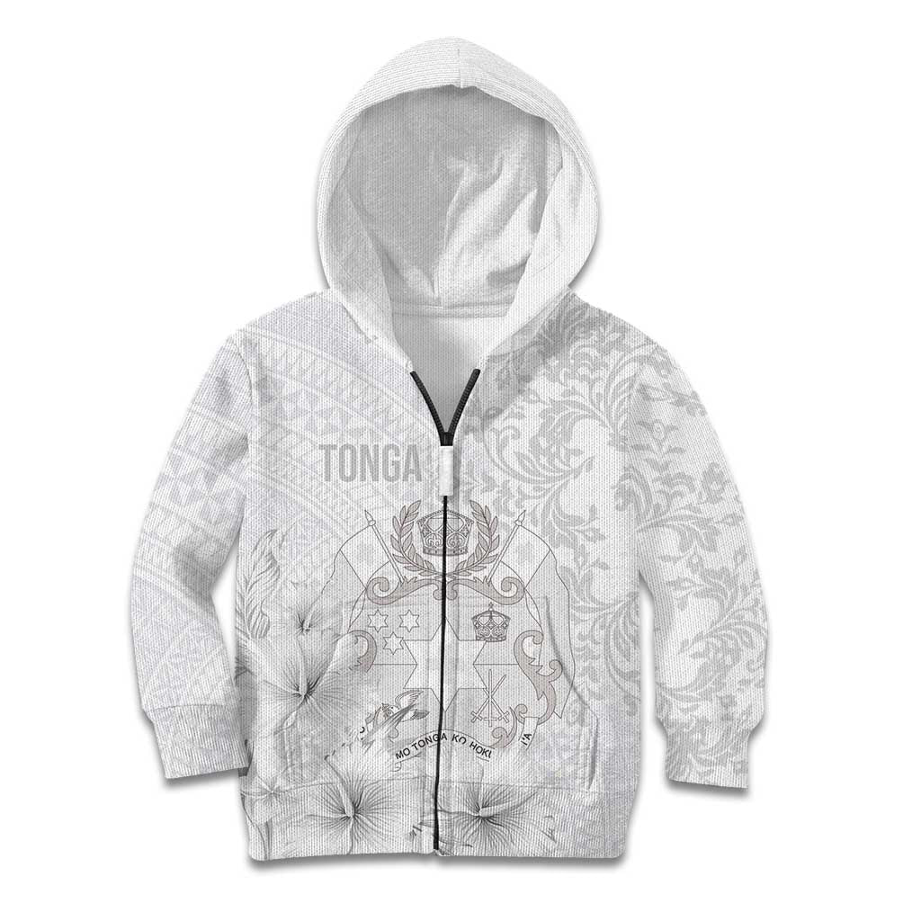 Tonga Faka Sepitema Kid Hoodie Ngatu and Floral Pattern with Blooming Hibiscus LT03 Zip Hoodie White - Polynesian Pride