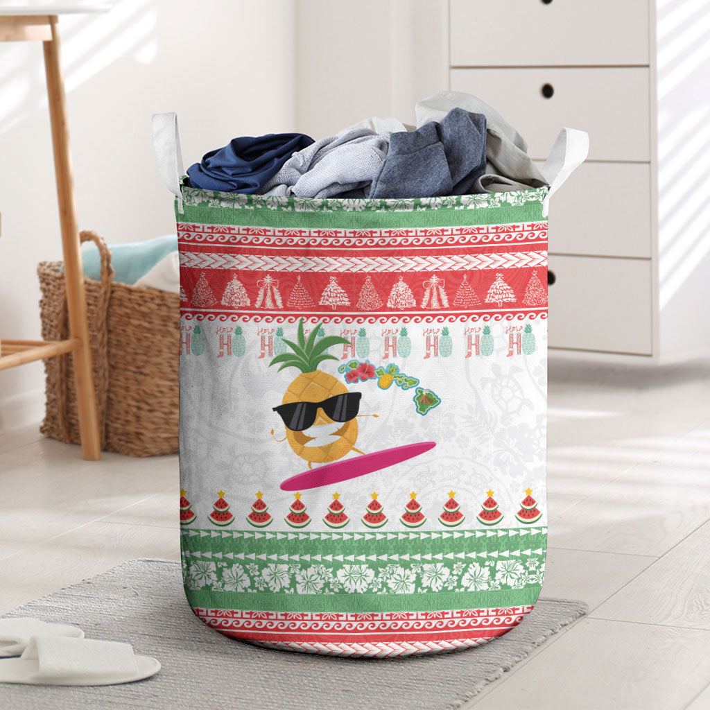Hawaiian Mele Kalikimaka Laundry Basket Funny Pineapple Surfing with Map Christmas Stripe Elements