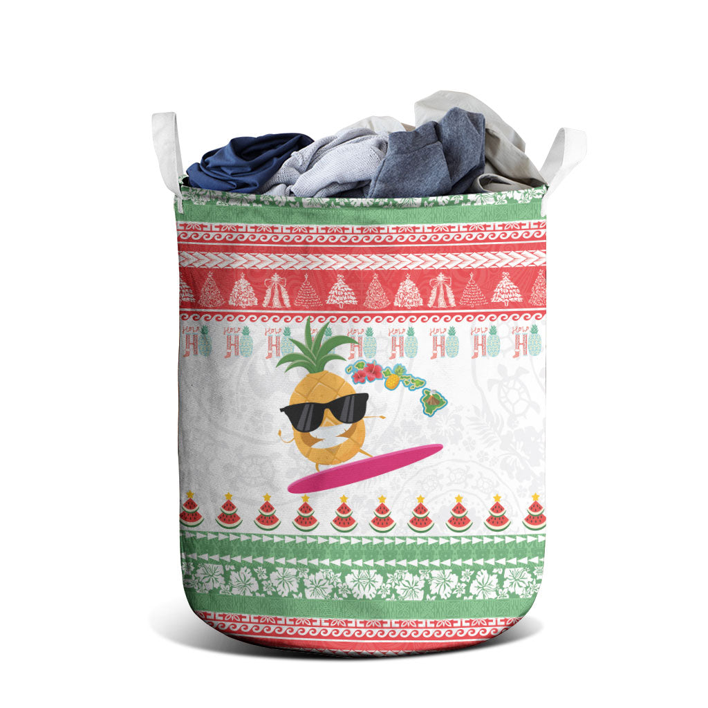 Hawaiian Mele Kalikimaka Laundry Basket Funny Pineapple Surfing with Map Christmas Stripe Elements