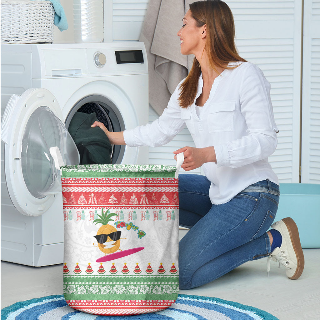 Hawaiian Mele Kalikimaka Laundry Basket Funny Pineapple Surfing with Map Christmas Stripe Elements