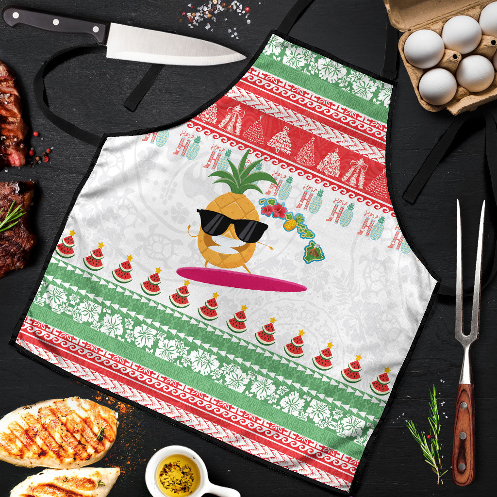 Hawaiian Mele Kalikimaka Apron Funny Pineapple Surfing with Map Christmas Stripe Elements