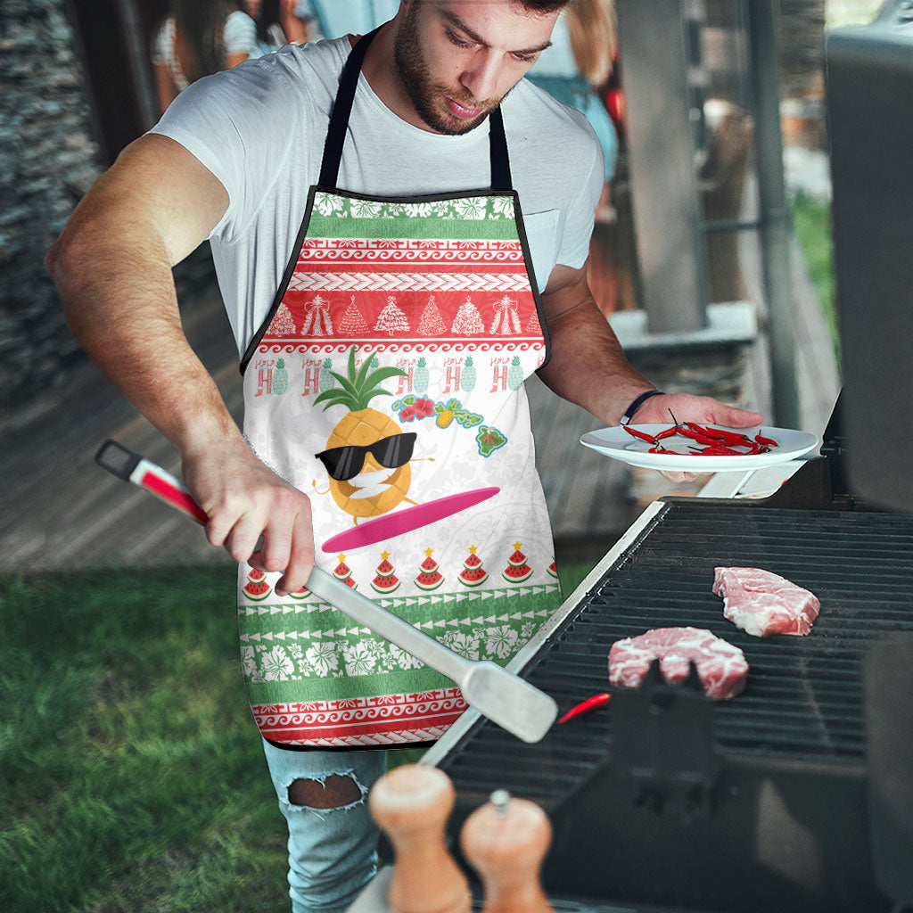 Hawaiian Mele Kalikimaka Apron Funny Pineapple Surfing with Map Christmas Stripe Elements